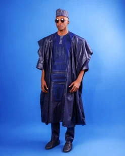 A Navy blue, Malian with layered dropped square pattern jacquard embroidery details, traditional Agbada