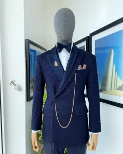 A navy blue metallic jacquard Bespoke reloaded “Arthur Richards” tuxedo 3 lapel suit.
