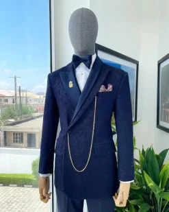 A navy blue metallic jacquard Bespoke reloaded “Arthur Richards” tuxedo 3 lapel suit.