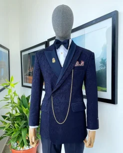 A navy blue metallic jacquard Bespoke reloaded “Arthur Richards” tuxedo 3 lapel suit.