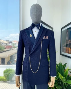 A navy blue metallic jacquard Bespoke reloaded “Arthur Richards” tuxedo 3 lapel suit.