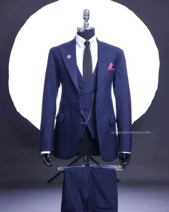 A Navy blue, monochrome pencil stripe nobility super “140s” “Board Room” Peak lapel suit