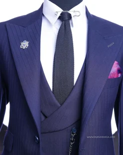 A Navy blue, monochrome pencil stripe nobility super “140s” “Board Room” Peak lapel suit