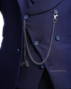 A Navy blue, monochrome pencil stripe nobility super “140s” “Board Room” Peak lapel suit