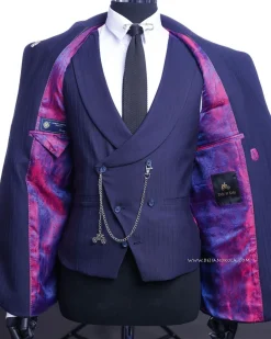 A Navy blue, monochrome pencil stripe nobility super “140s” “Board Room” Peak lapel suit