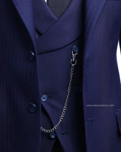 A Navy blue, monochrome pencil stripe nobility super “140s” “Board Room” Peak lapel suit
