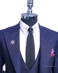 A Navy blue, monochrome pencil stripe nobility super “140s” “Board Room” Peak lapel suit