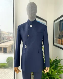 A Navy blue “parabellum”, wrap notch lapel blazer suit