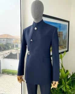 A Navy blue “parabellum”, wrap notch lapel blazer suit