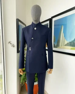 A Navy blue “parabellum”, wrap notch lapel blazer suit