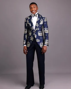 A Navy Blue Peak Lapel, Dispersed Crown Metallic Jacquard Tuxedo Suit And Wide Cut Pant Trouser.