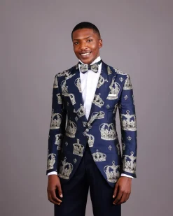 A Navy Blue Peak Lapel, Dispersed Crown Metallic Jacquard Tuxedo Suit And Wide Cut Pant Trouser.