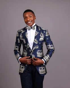 A Navy Blue Peak Lapel, Dispersed Crown Metallic Jacquard Tuxedo Suit And Wide Cut Pant Trouser.