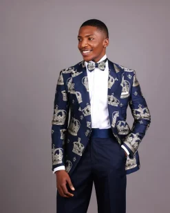 A Navy Blue Peak Lapel, Dispersed Crown Metallic Jacquard Tuxedo Suit And Wide Cut Pant Trouser.