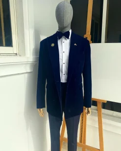 A Navy Blue Peak Lapel Double Breasted Soaked Italian Velvet Tuxedo Suit