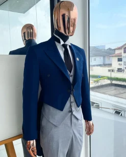 A Navy Blue Peak Lapel Tail Suit