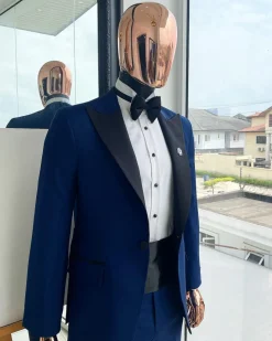 A Navy blue peak lapel tuxedo suit