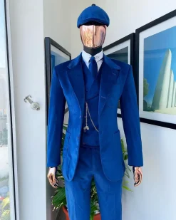 A Navy Blue “peaky blinders” monochrome velvet, hand knitted notch lapel suit
