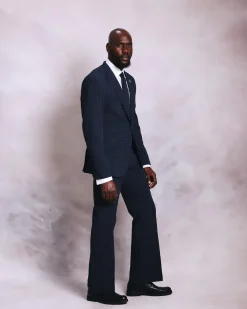 A Navy Blue “Peaky Blinder” Seersucker, Reversed Stripe Peak Lapel Suit