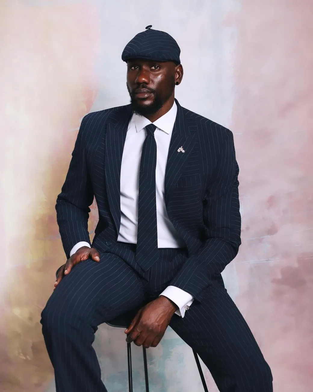 A Navy Blue “Peaky Blinder” Seersucker, Reversed Stripe Peak Lapel Suit