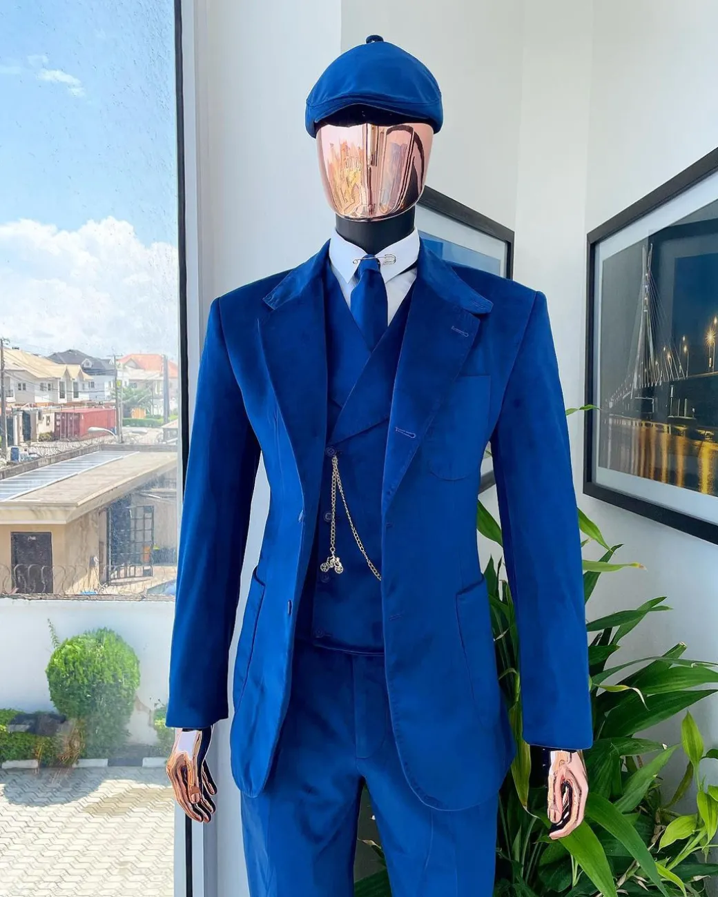 A Navy Blue “peaky blinders” monochrome velvet, hand knitted notch lapel suit