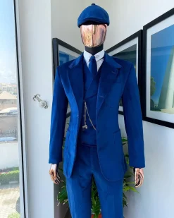 A Navy Blue “peaky blinders” monochrome velvet, hand knitted notch lapel suit