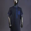 A Navy blue pencil stripe on black, black front with matching blue-black Swarovski button detailing kaftan and Sokoto