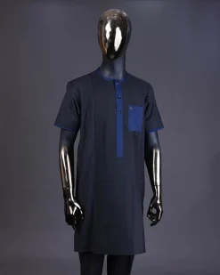 A Navy blue pencil stripe on black, black front with matching blue-black Swarovski button detailing kaftan and Sokoto