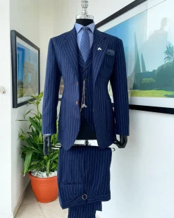 A Navy blue pencil stripe – Jorgecarli super 110’s- “Board Room” notch lapel patch pocket suit