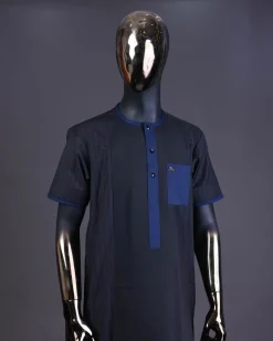 A Navy blue pencil stripe on black, black front with matching blue-black Swarovski button detailing kaftan and Sokoto