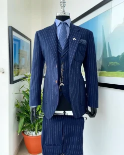 A Navy blue pencil stripe – Jorgecarli super 110’s- “Board Room” notch lapel patch pocket suit