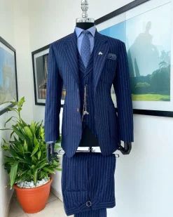 A Navy blue pencil stripe – Jorgecarli super 110’s- “Board Room” notch lapel patch pocket suit