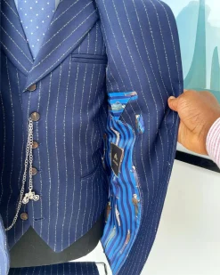 A Navy blue pencil stripe – Jorgecarli super 110’s- “Board Room” notch lapel patch pocket suit
