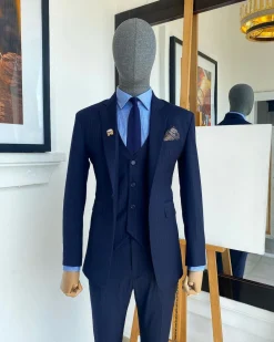 A Navy Blue Pin Stripe Double Breasted – “Board Room” Notch Lapel Suit