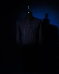 A Navy Blue, Pin Stripe, front flap & Pocket interchanged, 3/4 sleeve African senator kaftan native.