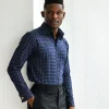 A Navy blue plaid check, high collar business shirt.