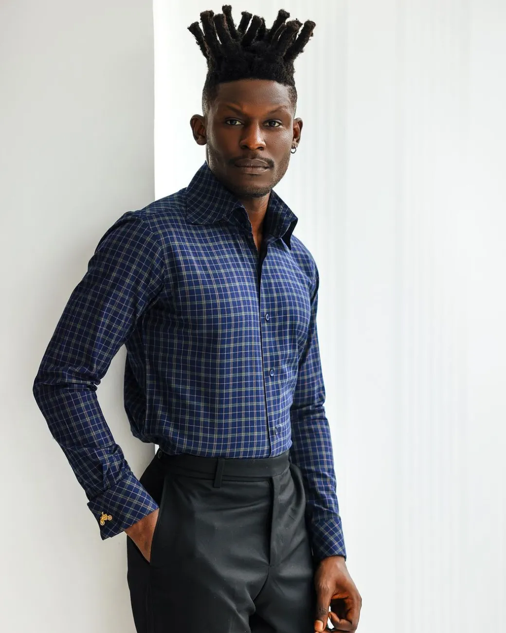 A Navy blue plaid check, high collar business shirt.