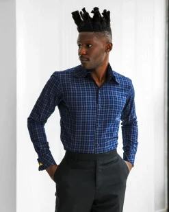 A Navy blue plaid check, high collar business shirt.