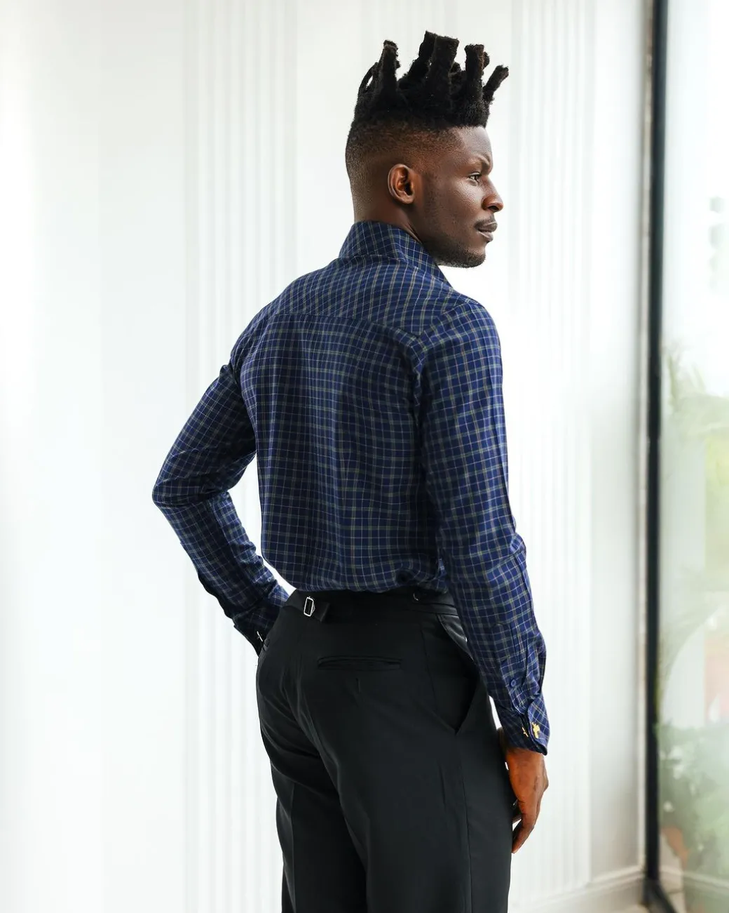 A Navy blue plaid check, high collar business shirt.