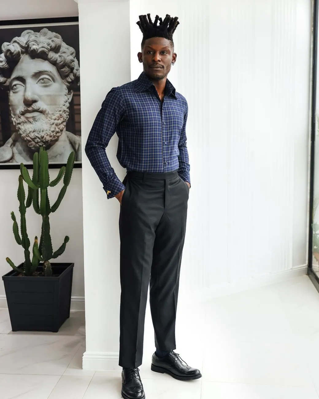 A Navy blue plaid check, high collar business shirt.