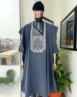 A Navy blue precision cloud & anchor embroidery Agbada