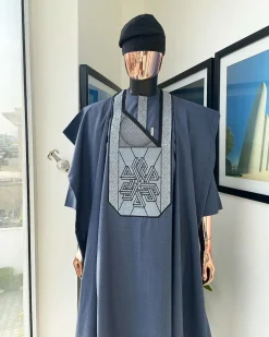 A Navy blue precision cloud & anchor embroidery Agbada