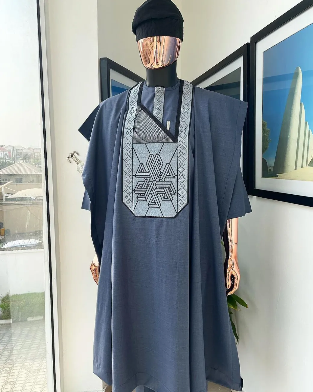 A Navy blue precision cloud & anchor embroidery Agbada
