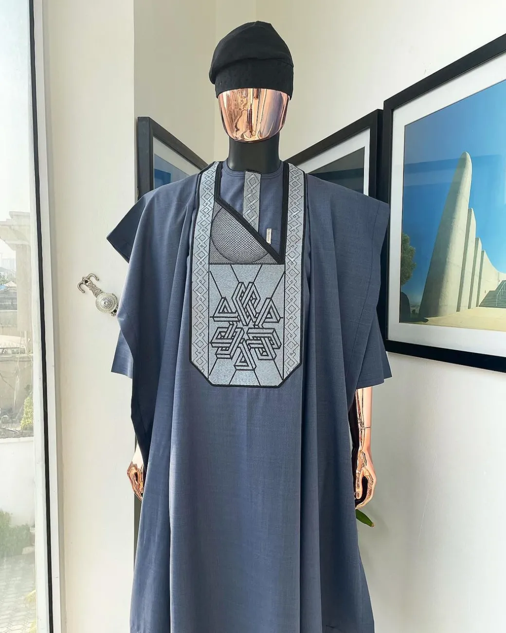 A Navy blue precision cloud & anchor embroidery Agbada