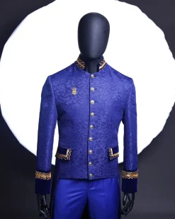 A Navy blue “Prince of Persia” ceremonial tail suit, Gold Metal Wire hand woven embroidery detail mix on velvet