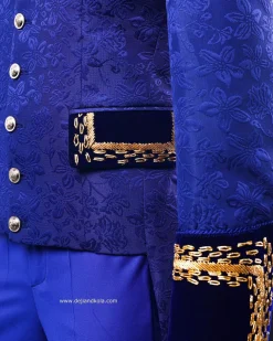 A Navy blue “Prince of Persia” ceremonial tail suit, Gold Metal Wire hand woven embroidery detail mix on velvet