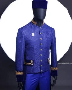 A Navy blue “Prince of Persia” ceremonial tail suit, Gold Metal Wire hand woven embroidery detail mix on velvet
