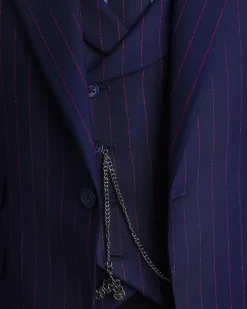 A Navy blue, red pencil stripe, jorgecarli, peak lapel suit.