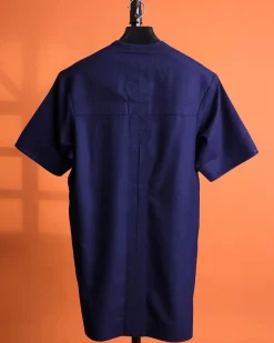 A Navy blue, 120s jorgecarli wool, front flap, short sleeve with clear view Swarovski button details African traditional senator kaftan native.