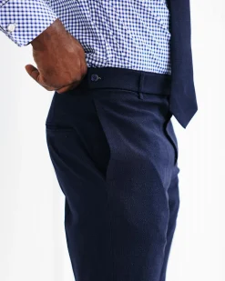 A Navy Blue, Seer Sucker, Wide Cut Pant With Side Metal Adjuster